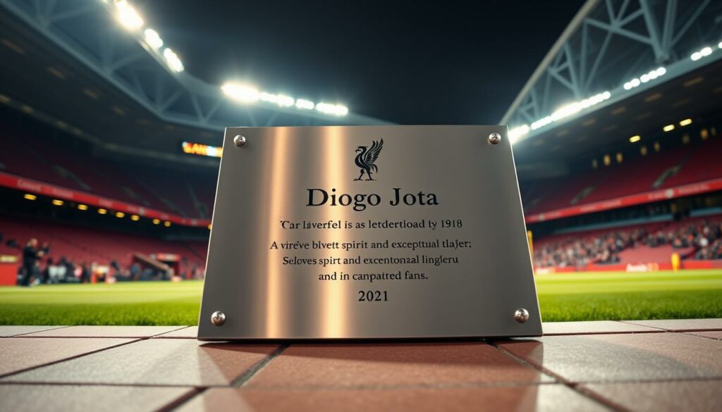 A solemn memorial plaque in Anfield, the hallowed home of Liverpool FC, honoring the late Diogo Jota, a beloved player whose vibrant spirit and exceptional talent captivated fans. The plaque stands as a reverent tribute, its sleek, polished surface reflecting the stadium's floodlights that cast a warm, somber glow. The background showcases the iconic Anfield architecture, its towering stands and historic façade serving as a poignant backdrop to this poignant memorial. The atmosphere is one of quiet contemplation, a moment to remember and celebrate the life of a player who left an indelible mark on the club and its devoted supporters.