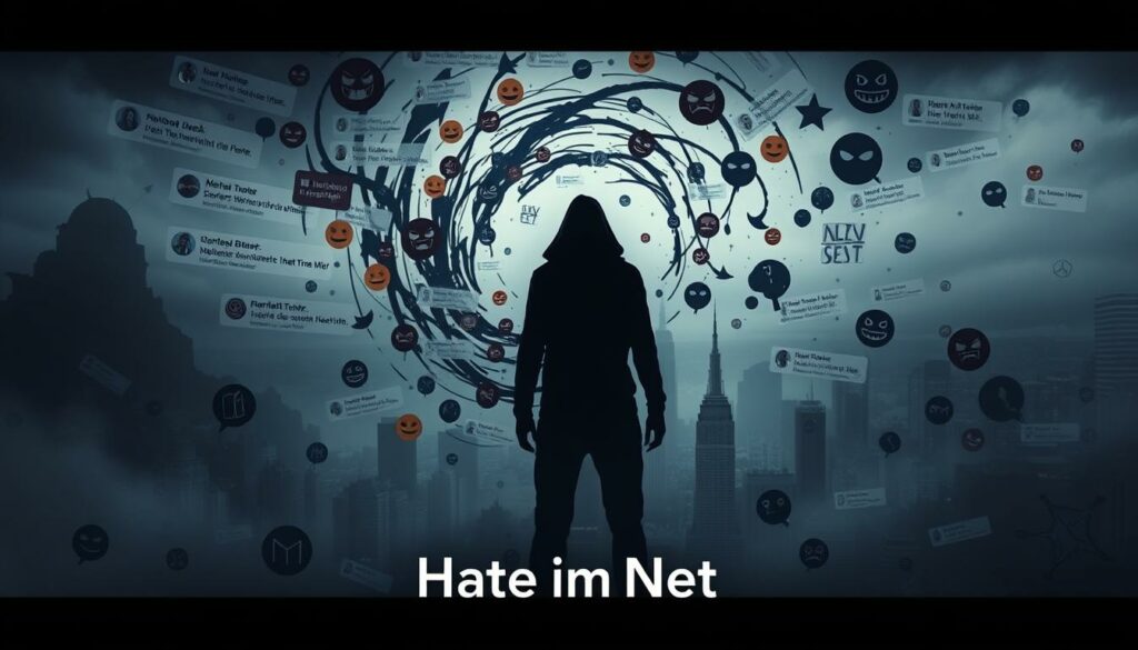 A somber and ominous digital landscape, conveying the pervasive nature of online hate. In the foreground, a shadowy figure representing the target of malicious online attacks, surrounded by a swirling vortex of negative comments, angry emojis, and menacing symbols. The middle ground features a fragmented, dystopian cityscape, its buildings and infrastructure warped and distorted by the corrosive effects of cyberbullying. The background is a hazy, unsettling expanse, suggesting the vast, ever-expanding reach of digital hate. The scene is bathed in a cool, eerie lighting, creating a sense of unease and discomfort. The overall tone is one of a nightmarish, unrelenting onslaught, reflecting the realities faced by those targeted by "Hate im Netz."