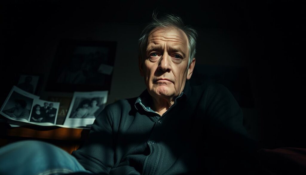 A somber and weathered Alfons Schuhbeck sits alone in a dimly lit room, his expression conveying a mix of physical and emotional anguish. The scene is captured through a low-angle lens, casting dramatic shadows and emphasizing the weight of his burdens. In the background, family photographs and medical documents hint at the personal struggles he faces, a testament to the complexities of his life beyond the public spotlight. The overall atmosphere is one of introspection and vulnerability, underscoring the deeply personal nature of this chapter in Schuhbeck's biography.