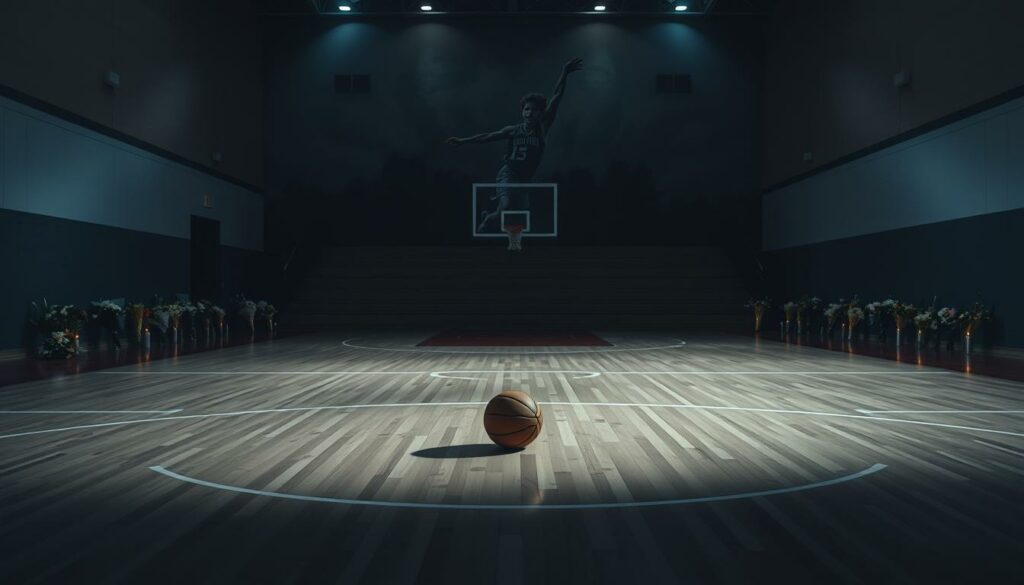 A somber basketball court, dimly lit, with a single ball resting on the center circle. Shadows creep along the wooden floor, conveying a sense of profound melancholy. In the background, a mural depicts a young athlete in mid-leap, their jersey number fading into the dusky atmosphere. Bouquets of flowers and flickering candles line the sidelines, a tribute to a life cut short. The scene is captured through a wide-angle lens, emphasizing the vastness of the emptiness and the weight of the loss. Soft, muted hues of gray and blue permeate the image, reflecting the sorrow and reverence that permeates the space.