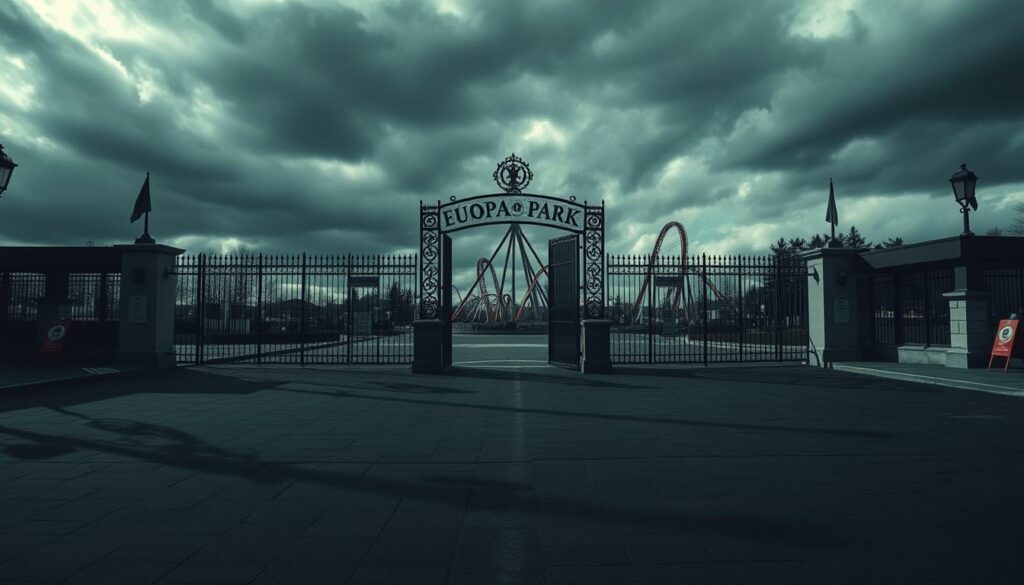 A somber, cloudy day at Europa-Park in Rust, Germany. The entrance gates stand ominously, hinting at the tragic events that have unfolded. Shadows cast long, foreboding shapes across the pavement, as if the very ground mourns the loss. In the distance, the iconic rollercoasters loom, a stark contrast to the heavy atmosphere. Muted colors and a sense of unease permeate the scene, leaving an indelible mark on the viewer's mind. This is the backdrop to the harrowing "Todesdrama" that has shocked the community. A solemn, contemplative mood pervades, inviting reflection on the underlying circumstances that led to this tragedy.