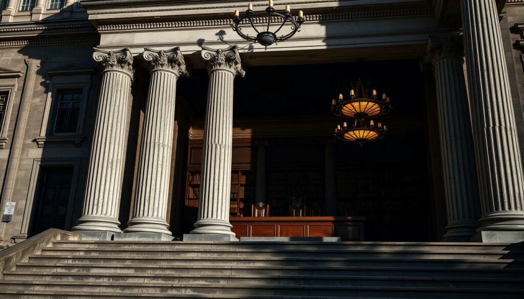 A somber courthouse facade, its grand columns casting long shadows across the weathered steps. Inside, the air is thick with tension as a panel of stern-faced judges preside over historic cases of justice gone awry. Dusty law books line the shelves, their spines whispering tales of crimes and misdemeanors from bygone eras. The dim lighting accentuates the gravity of the proceedings, casting an ominous glow over the mahogany furniture and ornate chandeliers. Faint whispers echo through the cavernous halls, hinting at the weight of responsibility borne by those tasked with upholding the law. This is the stage where the delicate balance between justice and human error is forever tested.