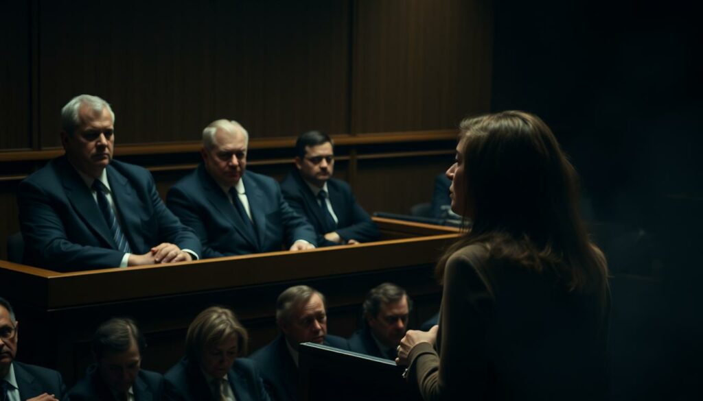 A somber courtroom scene, the defendants Gerhard Delling and his associates sitting at the bench, their expressions grave and tense. Dim lighting casts dramatic shadows, highlighting the weight of the proceedings. In the foreground, the witness stand where a woman, Christina Block, stands resolute, her testimony unfolding. The background is hazy, the audience's faces obscured, the focus drawn to the central figures. A sense of intensity and high emotion permeates the scene, the gravity of the situation palpable. Captured with a cinematic, close-up lens, the image conveys the magnitude of this pivotal moment in the trial.