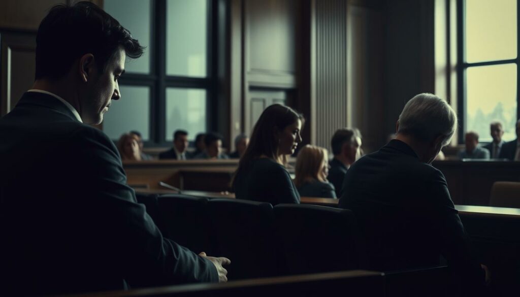 A somber courtroom scene, the trial of a former patient accused of murdering his pregnant therapist. The defendant sits silently, head bowed, as family members watch, expressions etched with grief and anguish. Soft, muted lighting casts dramatic shadows, creating an atmosphere of solemnity and tension. The judge's bench, witness stand, and gallery seats are arranged in a formal, structured layout, reflecting the gravity of the proceedings. In the background, a large window offers a glimpse of the outside world, a stark contrast to the weighted emotions within. The image conveys the weight of the tragedy, the anguish of those affected, and the solemn nature of the judicial process.