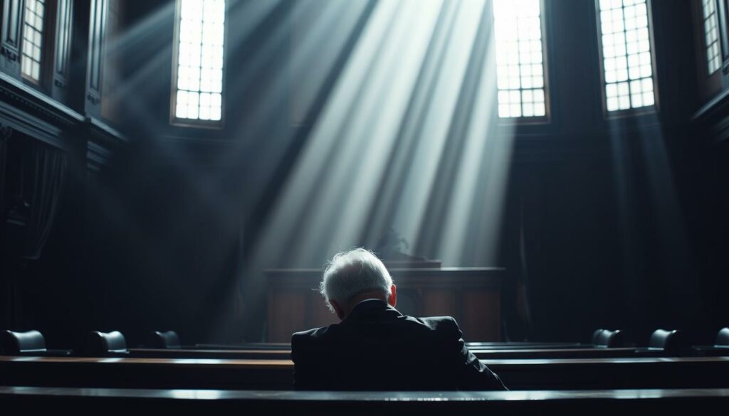 A somber courtroom scene with a pensive Carlo Ancelotti sitting at the defendant's table, his head bowed in contemplation. Rays of light stream through the high windows, casting dramatic shadows across the room. The judge's bench looms in the background, an ominous presence. The atmosphere is tense, reflecting the gravity of the situation and the potential consequences Ancelotti faces. The image conveys a sense of apprehension and the weight of the impending verdict, hinting at the career-altering implications for the renowned coach.