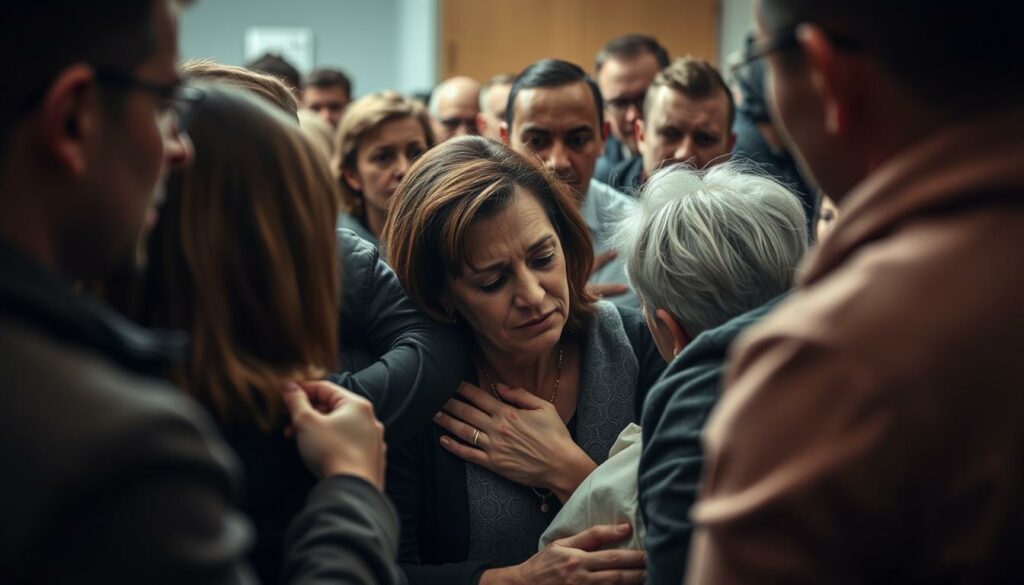 A somber crowd gathers around Kathrin Mermi-Schmelz, the wife of beloved "Goodbye Deutschland" star Thommy Schmelz, who lies in a coma. The scene is captured with a medium shot, framing Kathrin's pained expression as she receives comfort and support from a group of close-knit fans. Soft, diffused lighting casts a melancholic glow, emphasizing the weight of the moment. The background is blurred, drawing the viewer's focus to the emotional connection between Kathrin and her devoted supporters. The overall atmosphere conveys a sense of shared grief and unwavering solidarity in the face of this difficult situation.