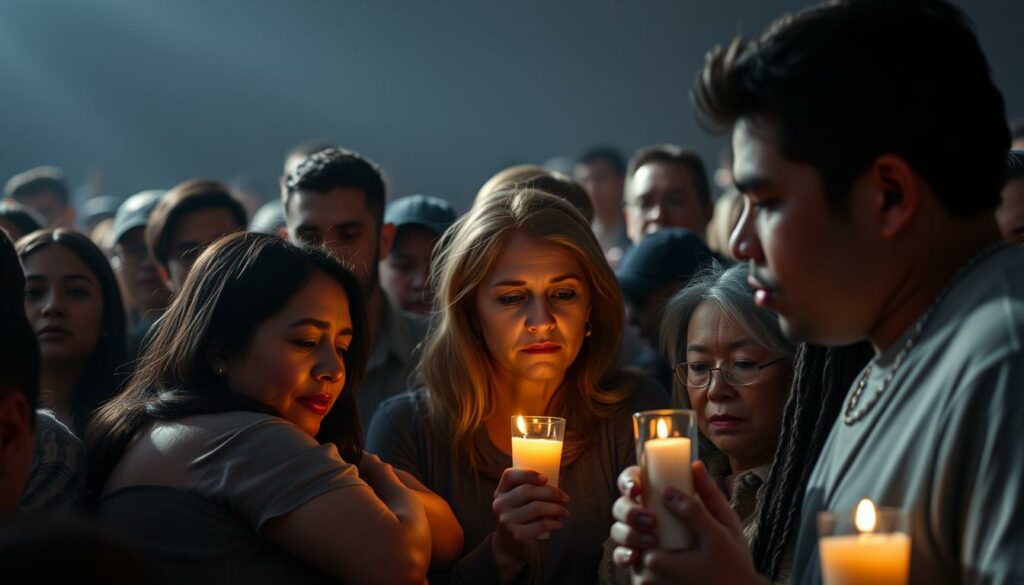 A somber crowd of diverse individuals, their faces etched with grief and shock, gather in a softly lit, intimate setting. In the foreground, a group of fans and community members embrace, their expressions conveying the weight of the tragic loss. In the middle ground, a flickering candlelight vigil casts a warm, reflective glow, symbolizing the outpouring of collective mourning. The background fades into a muted, atmospheric scene, suggesting the broader impact and the sense of profound sadness permeating the community.