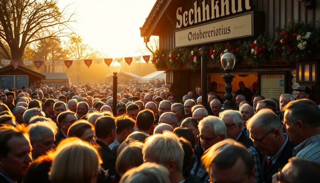 A somber crowd of mourners gathered at the iconic Schichtl stand, their faces etched with grief and disbelief. The afternoon light casts a golden glow, illuminating the sea of solemn expressions as they pay their respects to the beloved Ringo Praetorius, the legendary "Henker vom Oktoberfest". The atmosphere is heavy with a sense of profound loss, yet tinged with an undercurrent of admiration and appreciation for the man who had become a beloved figure in the Wiesn festivities. The scene evokes a sense of community, a shared moment of sorrow and celebration of Ringo's life and legacy.