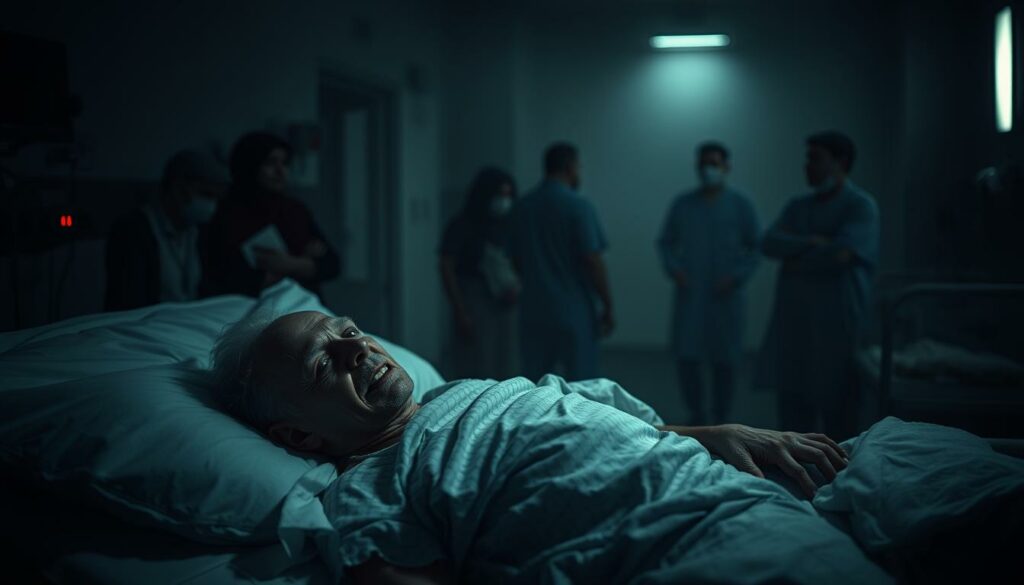 A somber, dimly lit hospital room, with the faint glow of medical equipment casting a somber atmosphere. In the foreground, a frail, weary figure lies in a hospital bed, their expression conveying the exhaustion and pain of a hard-fought battle against an unseen enemy. The middle ground is filled with the quiet presence of loved ones, their faces etched with concern and sorrow. The background is hazy, with the faint silhouettes of medical staff moving about, a reminder of the constant struggle against the relentless march of illness and mortality. The scene evokes a sense of the profound human experience of grappling with the fragility of life and the inevitability of death.