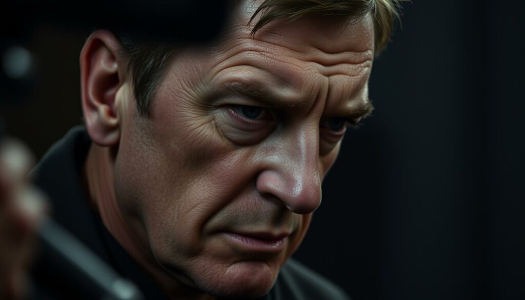 A somber, emotional Wolfgang Bahro on the set of GZSZ, captured in a close-up shot. His furrowed brow and pensive expression convey the weight of the dramatic scene being filmed. Soft, muted lighting casts shadows across his face, heightening the palpable tension. The background is blurred, placing the focus squarely on the actor's nuanced performance. The camera angle is slightly elevated, lending an air of gravity to the moment. An intimate, cinematic depiction of the actor's craft during an impactful, career-defining scene.