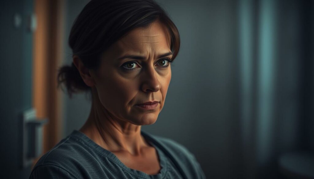 A somber-faced woman in her mid-30s, Anna Planken, stands in a dimly lit hospital room. She gazes intently, her brow furrowed, as a doctor shares the news of her cancer diagnosis. The scene is bathed in a warm, muted lighting, casting a pensive mood. The background is blurred, keeping the focus on Anna's pensive expression and the gravity of the moment. The composition emphasizes the weight of the situation, with Anna's shoulders slightly hunched, conveying the emotional burden she now carries. This image aims to capture the profound shock and uncertainty that Anna faces as she confronts her Krebserkrankung, the beginning of her personal journey of hope and perseverance.