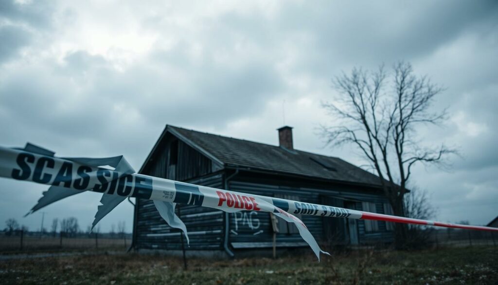 A somber, gloomy scene of a dilapidated, run-down house in the town of Zwiesel. The structure stands forlorn, its weathered facade and boarded windows casting an ominous shadow over the surrounding landscape. In the foreground, a tattered police line tape flutters in the cold wind, hinting at the tragedy that has unfolded within. The sky above is heavy with gray clouds, mirroring the weight of the event. A sense of unease and grief permeates the atmosphere, inviting the viewer to ponder the lives lost in this quiet, unsuspecting town.