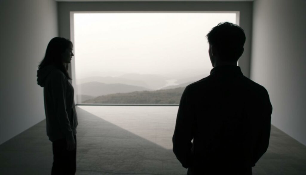 A somber, introspective scene depicting the reasons behind a romantic separation. In the foreground, two individuals stand apart, their body language conveying a sense of distance and unresolved tension. Their faces are obscured, emphasizing the personal nature of their conflict. The middle ground features a neutral, minimalist setting - a sparse room with muted tones, casting a pensive, melancholic atmosphere. In the background, a hazy, dreamlike landscape suggests the complex emotions and uncertainty surrounding the separation. Soft, diffused lighting creates a contemplative mood, inviting the viewer to ponder the nuances and complexities of the situation.