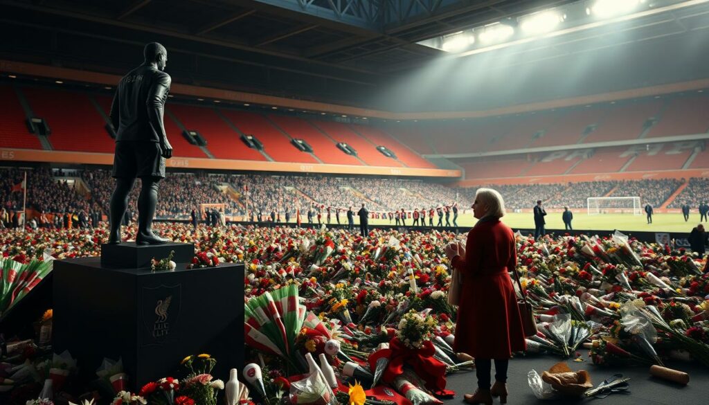 A somber memorial in the heart of Anfield, Liverpool's hallowed football grounds. A serene, softly-lit scene, with a simple yet poignant statue of Diogo Jota, the beloved Portuguese striker who left us too soon. The statue stands solemnly, capturing Jota's signature determination and skill. Surrounding it, a sea of flowers, scarves, and heartfelt tributes - a tapestry of the city's profound grief and unwavering love for their fallen hero. The atmosphere is one of quiet contemplation, a reverent hush settling over the stadium as the Jota Widow reverently approaches, her face etched with sorrow and solace. The image conveys the profound impact of Jota's passing, and the enduring bond between a player and the community that cherished him.