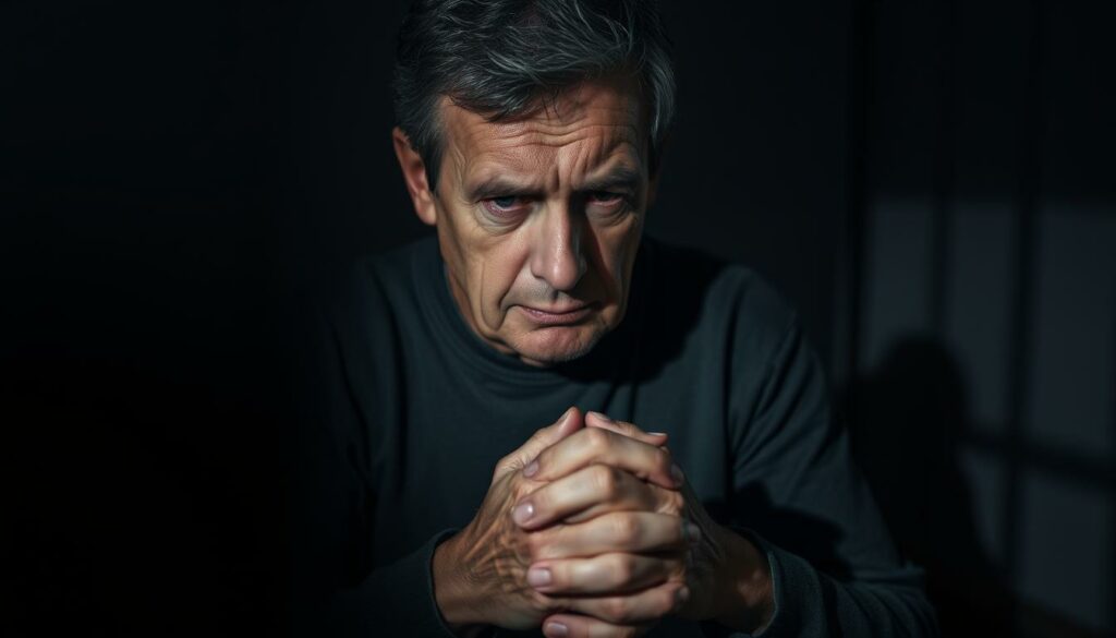 A somber middle-aged man with a worn expression, sitting in a dimly lit room. His posture is slumped, hands clasped tightly in his lap, a look of deep concern etched on his face. The lighting casts dramatic shadows, accentuating the worry lines and fatigue evident in his features. The background is blurred, with a sense of isolation and introspection pervading the scene. The overall mood is one of quiet distress, reflecting the subject's apparent health struggles and the weight of the burden he carries.