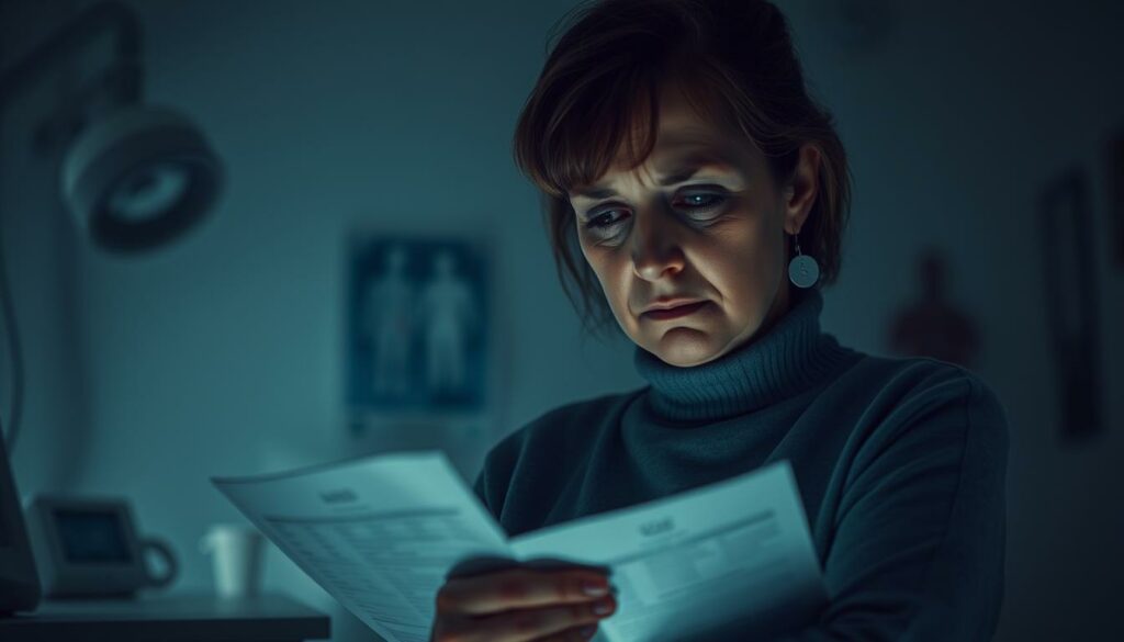 A somber, middle-aged woman named Bella Kraus stands in a dimly lit medical office, her expression a mix of worry and resignation. Soft, muted lighting casts shadows across her face, highlighting the lines of stress and uncertainty. She clutches a medical report, its contents weighing heavily on her mind. The background is a sterile, clinical space, with hints of medical equipment and a sense of unease. The composition emphasizes Bella's isolation and the gravity of her health concerns, capturing the essence of the "Gesundheitssorgen: Tumordiagnose und unklare Prognose" section.