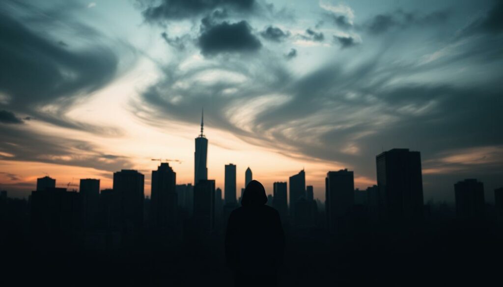 A somber, ominous cityscape at dusk, the skyline punctuated by the silhouettes of high-rise buildings. In the foreground, a shadowy figure stands alone, their face obscured, against a backdrop of swirling clouds and fading light. The scene evokes a sense of unease and apprehension, hinting at the underlying tension and potential threat that lurks within the urban environment. The lighting is dramatic, with deep shadows and muted tones, creating an atmosphere of uncertainty and foreboding. The overall composition suggests a narrative of vigilance and the ever-present risk of terrorism, set against the familiar, yet unsettling, urban landscape.