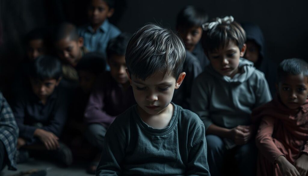 A somber, pensive atmosphere envelops a group of children. In the foreground, a child sits alone, their expression one of deep contemplation, their gaze downcast. Behind them, other children gather in quiet clusters, their body language conveying a sense of vulnerability and uncertainty. The lighting is muted, casting a melancholic hue over the scene, emphasizing the psychological weight they carry. The background is intentionally blurred, directing the viewer's focus to the children and their emotional state. Subtle details, such as the wrinkled clothing and the slight slump of their shoulders, further convey the lingering impact of their traumatic experience.