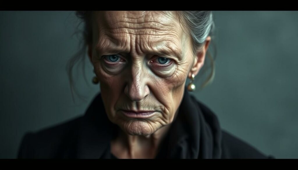 A somber, realistic portrait of Kronprinzessin Mette-Marit, her expression weary and pained, conveying the gravity of her declining health. Soft, muted lighting casts shadows on her gaunt features, emphasizing her fragility. The background is subdued, allowing the viewer to focus on the princess's somber visage. The composition is tightly framed, drawing the eye to the subject's face and evoking a sense of intimacy and concern. The overall mood is one of quiet distress, reflecting the seriousness of Mette-Marit's condition and the difficult situation facing the Norwegian monarchy.