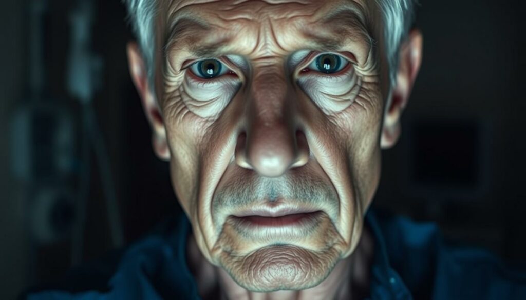 A somber, realistic portrait of a famous person battling cancer. In the foreground, a close-up of the subject's face, their expression pained but resolute, gazing directly at the viewer. Soft, diffused lighting accentuates the hollowness of their features, the weight of their illness etched in every line. The middle ground is hazy, suggesting a clinical setting, with subtle medical equipment hinted at in the periphery. The background fades into an indistinct, muted palette, conveying a sense of isolation and the private struggle against an implacable foe. The overall tone is one of quiet dignity, the subject's humanity and strength shining through despite the ravages of disease.