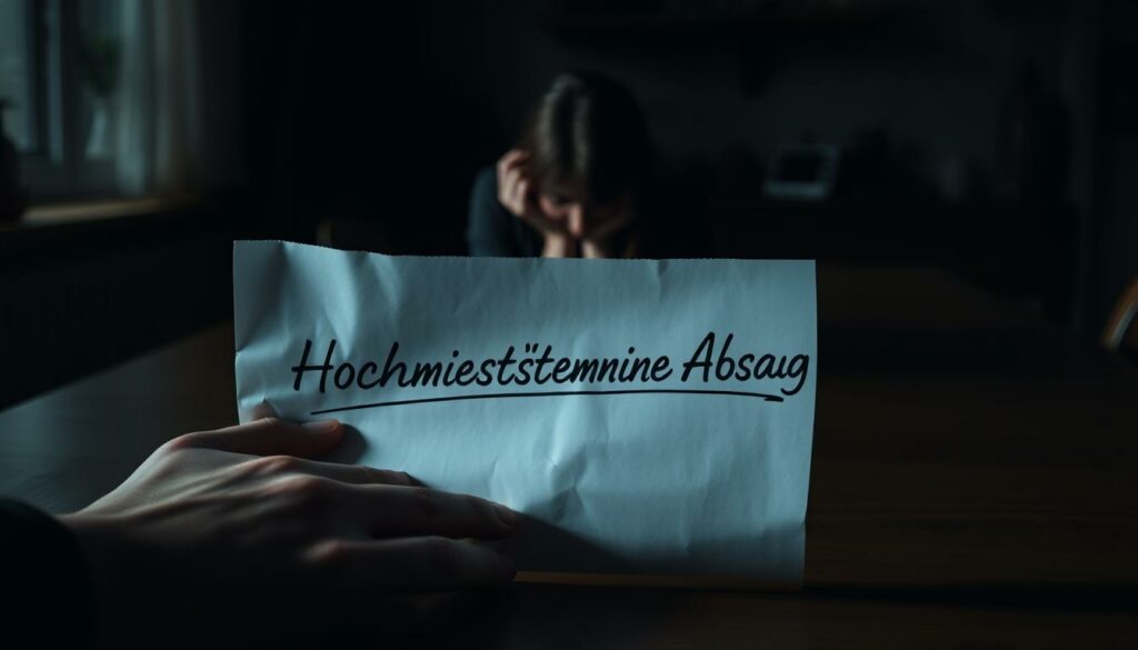 A somber scene of a couple's wedding plans being cancelled. In the foreground, a crumpled letter with "Hochzeitstermine Absage" written across it, casting a shadow over a partially visible pair of hands. The middle ground shows a pensive Vanessa Petrović, head in her hands, as she sits at a wooden table, the atmosphere dim and melancholic. The background is blurred, but suggests a modest, domestic setting - a reminder of the shattered dreams of a once-joyful occasion. Muted lighting casts a moody, introspective tone, as if capturing a moment of profound disappointment and heartbreak.