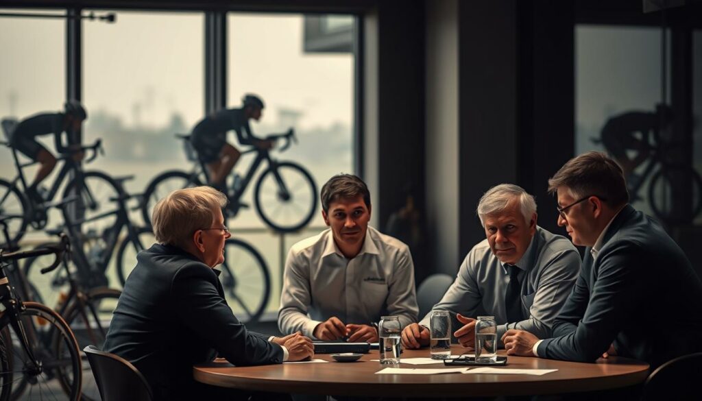 A somber scene of a cycling safety debate, set against a backdrop of sleek, state-of-the-art racing bicycles. In the foreground, a group of experts, officials, and concerned cyclists gathered around a table, expressions grave as they discuss measures to prevent future tragedies on the road. Soft, muted lighting casts an air of contemplation, while the blurred silhouettes of cyclists visible through the windows suggest the wider implications of their deliberations. The scene conveys the weight of the subject, the need for thoughtful, pragmatic solutions to enhance rider safety in the dynamic, high-stakes world of professional cycling.