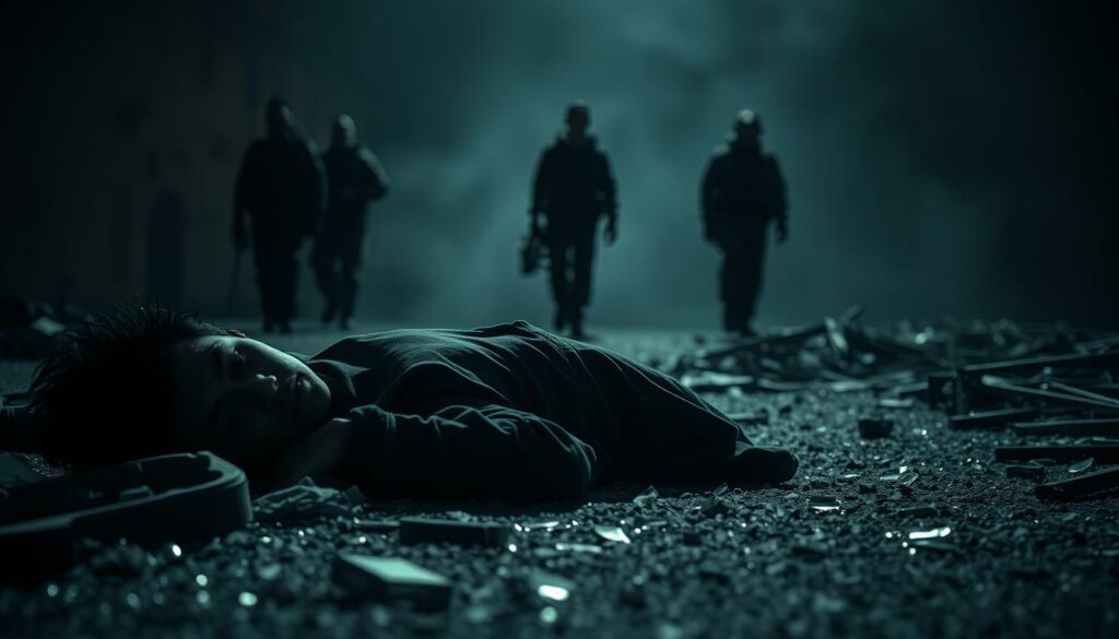 A somber scene of tragedy unfolds, captured in chiaroscuro lighting. In the foreground, a lifeless figure lies on the ground, their features obscured by shadows. Surrounding them, a tangle of shattered glass and twisted metal evokes the chaos and devastation of the incident. In the middle ground, emergency responders move with a sense of urgency, their faces etched with concern. The background is shrouded in a hazy, mournful atmosphere, accentuating the weight of the moment. The scene conveys a profound sense of loss and the fragility of life, compelling the viewer to reflect on the tragic circumstances that led to this heartbreaking outcome.