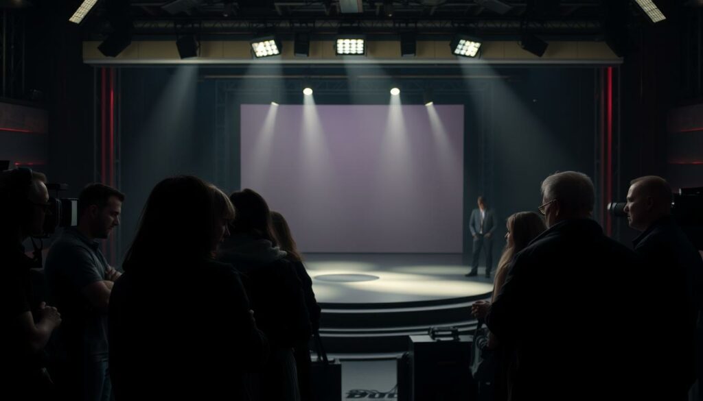 A somber studio set, with a heavy air of concern and tension. In the foreground, a group of television crew members huddle together, their faces etched with worry. The lighting is muted, casting long shadows that underscore the gravity of the situation. In the middle ground, an empty stage stands, a stark reminder of the suspended production. The background is hazy, as if the world outside has momentarily faded into the background, leaving only the aftermath of the unexpected events. The composition is balanced, drawing the viewer's eye to the palpable unease and the disruption of the normal flow of the show.