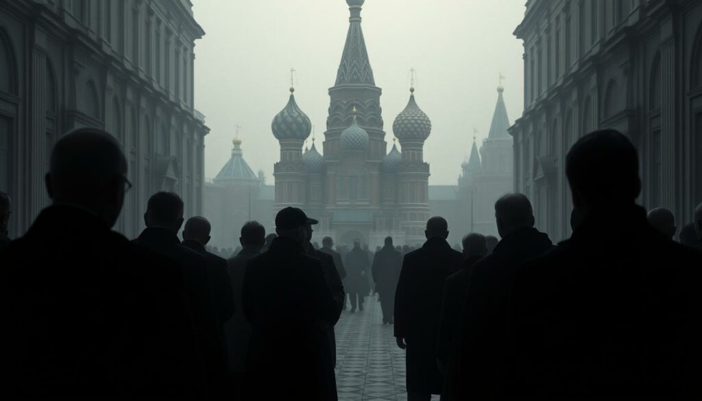 A somber, tension-filled scene of the Kremlin's halls, cast in a hazy, ominous light. The grand onion domes loom in the background, their vibrant colors muted by the weight of the scandal. In the foreground, shadowy figures gather, their expressions grave, as they navigate the fallout - a web of whispers, uncertainty, and the unsettling realization that the foundations they once trusted have been shaken. The atmosphere is thick with a sense of unease, as the impact of the scandal ripples through the corridors of power, leaving an indelible mark on the Russian seat of authority.