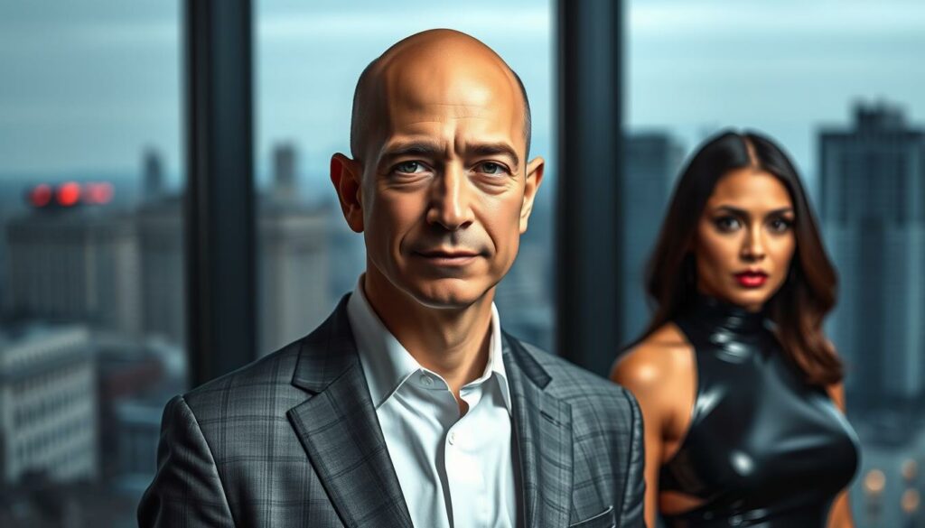 A sophisticated portrait of Jeff Bezos, the tech mogul, contrasted against his glamorous partner Lauren Sánchez. Bezos, clad in a sleek gray suit, stands tall and confident, his gaze penetrating. Soft lighting illuminates his sharp features, highlighting his pensive expression. In the background, a blurred cityscape, a nod to his tech empire, sets the scene. In the foreground, Lauren, resplendent in a form-fitting latex dress, exudes a sultry, high-fashion allure. The juxtaposition of their styles - Bezos' understated elegance and Lauren's dazzling glamour - creates a compelling visual narrative, capturing the intersection of wealth, power, and style.