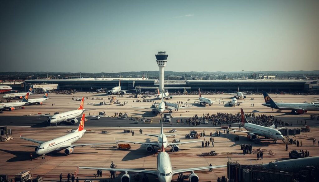 A sprawling airport terminal, its bustling activity interrupted by a startling scene. In the foreground, a tarmac littered with grounded aircraft, their engines silent. In the middle ground, a crowd of onlookers, their expressions a mix of concern and confusion. The background, usually filled with the roar of jet engines, now eerily quiet, as the air traffic control tower stands sentinel over the disrupted operations. Dramatic lighting casts long shadows, creating a somber, contemplative atmosphere. The scene captures the disruption and uncertainty caused by an unexpected incident, highlighting the importance of aviation safety and the fragility of modern air travel.