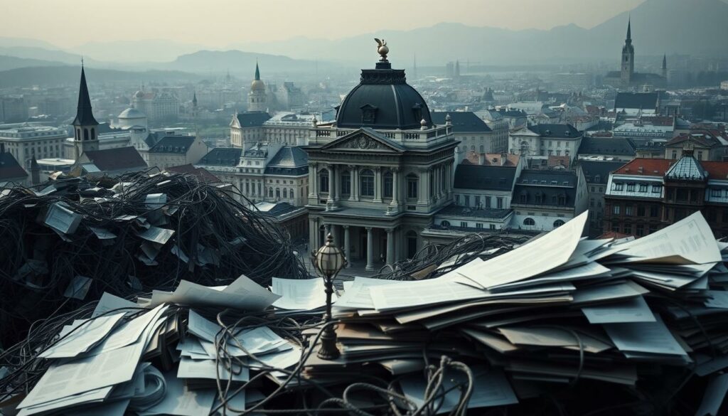 A sprawling labyrinth of Liechtenstein foundations, their complex financial webs obscuring a web of alleged illicit activity. In the foreground, a tangle of paperwork and documents, their pages revealing tangled trails of money transfers and shell companies. The middle ground shows a towering, imposing structure - the facade of a prestigious Liechtenstein bank, its ornate design betraying the shadowy dealings that may lie within. In the background, a hazy cityscape, the skyline punctuated by the spires of historic buildings, a sense of old-world opulence masking the modern-day machinations. Muted lighting casts an air of secrecy, while a moody, ominous atmosphere pervades the scene, hinting at the depths of the alleged Benko financial scandal.
