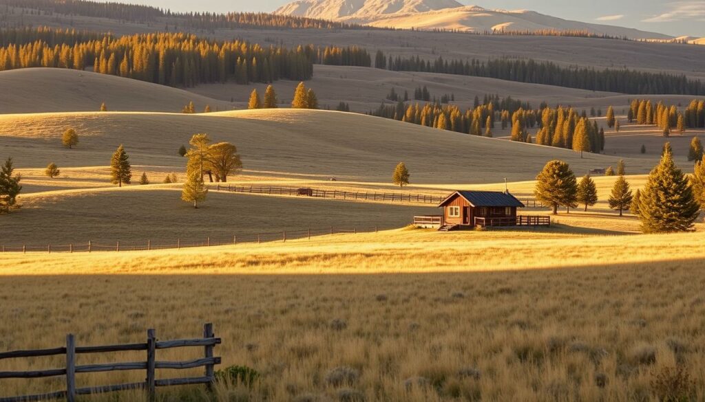 A sprawling ranch nestled in the rugged Wyoming landscape, where Harrison Ford finds solace from the glitz of Hollywood. A vast expanse of rolling hills, dotted with towering pines and weathered wooden fences. Warm, golden sunlight filters through the trees, casting a serene glow over the scene. In the distance, a cozy cabin stands as a testament to Ford's private life, a refuge where he can escape the public eye and connect with the natural world. The ranch is a tapestry of tranquility, reflecting the quiet, contemplative side of this iconic actor, a man who has carved out a space to be himself, away from the spotlight.