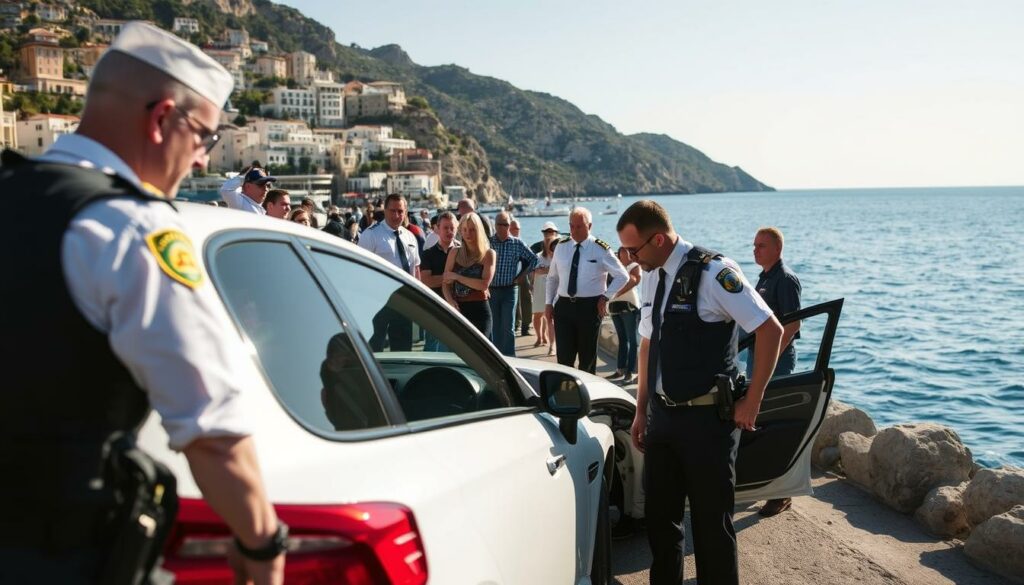 A sprawling seaside town nestled against rugged cliffs, Porto Cervo's picturesque harbor bustles with activity as police investigators meticulously comb the scene, documenting evidence and interviewing witnesses. The warm Mediterranean sunlight casts long shadows, lending an air of gravity to the proceedings as detectives in crisp uniforms scrutinize the damaged vehicle, searching for clues that might unravel the mystery surrounding this tragic accident. In the background, onlookers gather, their expressions a mix of curiosity and concern, while the tranquil waters of the Tyrrhenian Sea provide a somber backdrop to the unfolding investigation.