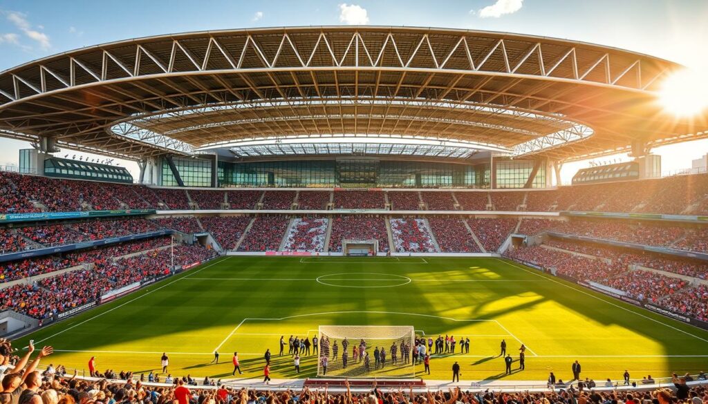 A sprawling soccer stadium nestled in a bustling urban setting, the Parken-Stadion stands tall and majestic. The façade of the venue features a striking blend of modern architecture and classic design elements, with sleek glass panels and elegant steel beams. The pitch, immaculately groomed, is illuminated by the warm glow of natural sunlight filtering through the retractable roof, creating a welcoming and inviting atmosphere. Fans, clad in their team colors, gather eagerly in the stands, anticipating the start of the highly anticipated test match. The scene is one of energy, excitement, and the unbridled passion that typifies the world of professional soccer.