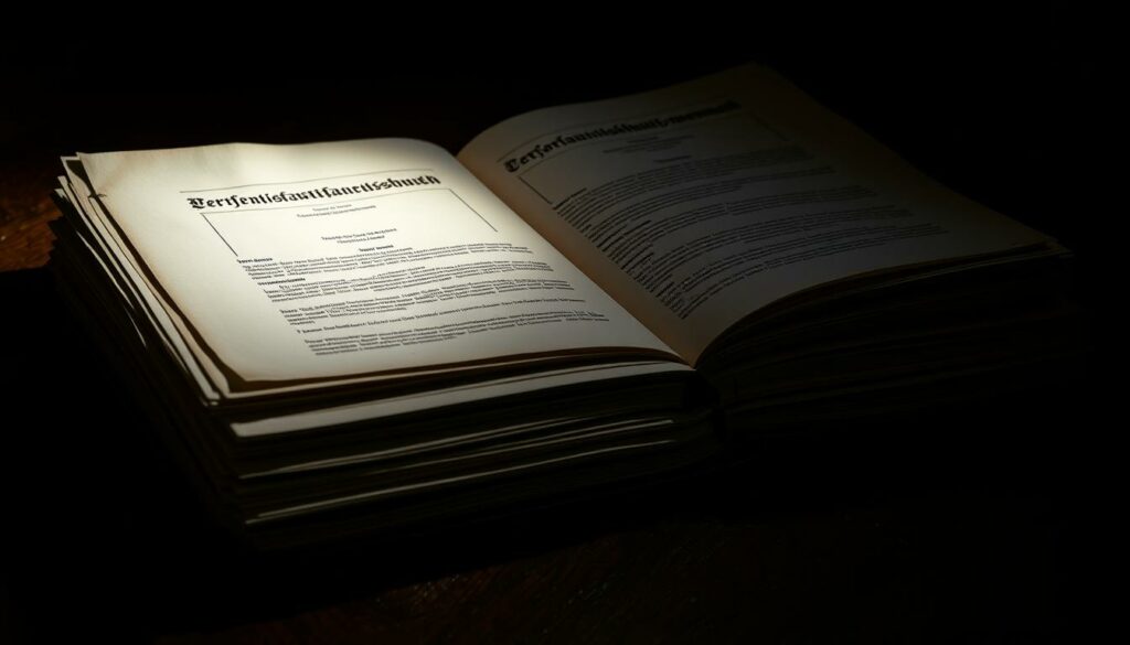 A stack of confidential-looking Verfassungsschutz (German domestic intelligence agency) documents lies open on a dark wooden table, illuminated by a single, dramatic spotlight. The files appear worn and weathered, hinting at their sensitive and guarded nature. The lighting casts deep shadows, creating an air of mystery and tension. The background is blurred, keeping the focus solely on the classified papers, their contents hidden from view. The overall scene conveys a sense of the gravity and weight of the subject matter, reflecting the serious political and legal implications surrounding the AfD youth's use of the controversial Reichsadler logo.