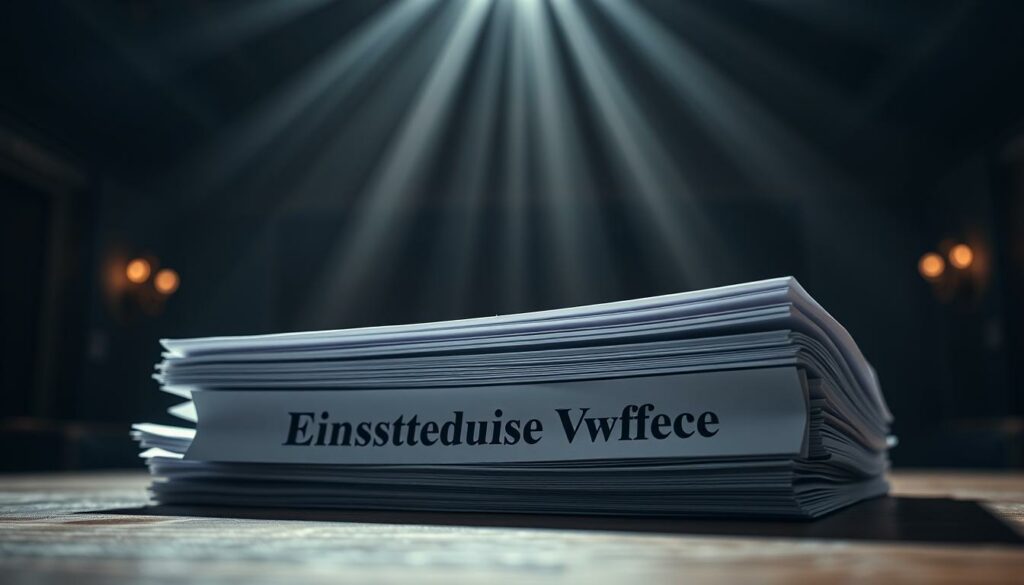 A stack of official-looking legal documents labeled "Einstweilige Verfügung" against a backdrop of a dimly lit courthouse interior. The documents have a sense of gravity and importance, with crisp edges and a slight sheen. Beams of soft, directional lighting from unseen sources create dramatic shadows, emphasizing the weighty nature of the subject matter. The overall mood is somber and serious, conveying the gravity of the legal proceedings. The camera angle is slightly low, lending an authoritative perspective to the scene.
