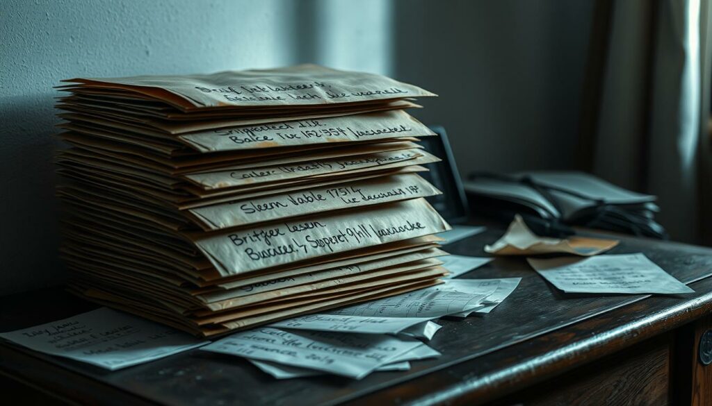 A stack of weathered, stained envelopes sits atop a worn, wooden desk. The envelopes are marked with bold, handwritten addresses - the "Briefkasten der Opfer", the mailbox of the victims. Dim, muted lighting casts shadows across the scene, creating an atmosphere of somber contemplation. The desk is cluttered with discarded papers, a testament to the burden of the unspeakable tragedy. The scene evokes a sense of grief, vulnerability, and the heavy weight of the aftermath that the affected community must bear.