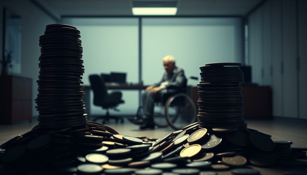 A stark, minimalist scene depicting the financial crisis plaguing Germany's long-term care insurance system. In the foreground, a towering pile of coins and bills represents the growing deficit, casting a somber shadow over the scene. The middle ground features a distressed, elderly individual sitting in a wheelchair, their expression conveying the human cost of the crisis. In the background, a blurred, bureaucratic office setting suggests the complex web of governmental and administrative challenges. The lighting is muted, casting a sense of unease and urgency, while the camera angle emphasizes the overwhelming scale of the problem. An atmosphere of looming uncertainty and the need for immediate action permeates the scene.