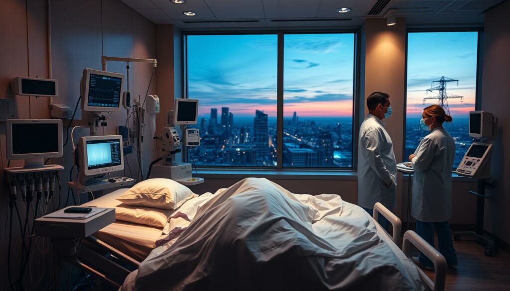 A state-of-the-art hospital room, dimly lit with warm, muted tones. In the foreground, a hospital bed where a patient lies, their face obscured by medical equipment. Nurses and doctors in crisp, white uniforms move with precision, monitoring vital signs and administering care. The middle ground showcases advanced medical technology - sleek monitors, diagnostic machines, and an IV drip. In the background, a window overlooks a serene, twilight cityscape, conveying a sense of calm and tranquility amidst the medical urgency. The scene evokes a somber, yet hopeful atmosphere, as the patient's recovery is the primary focus.