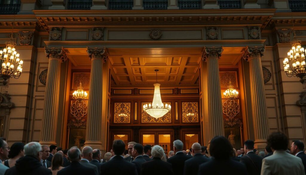 A stately, grand auction house façade, the Propstore Auktionshaus stands proudly, its ornate architecture and regal presence conveying a sense of history and prestige. Majestic columns frame the entrance, leading to a grand foyer adorned with intricate moldings and elegant chandeliers. The façade is bathed in warm, golden lighting, creating a welcoming and sophisticated atmosphere. In the foreground, a well-dressed crowd gathers, their expressions a mix of anticipation and excitement, hinting at the valuable treasures that await within the hallowed halls of this renowned institution.