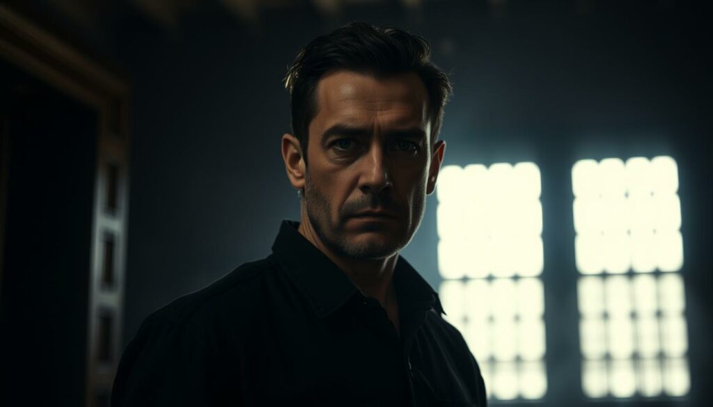 A stern-faced man, identified as Täter Hamsa M., stands solemnly in the center of a dimly lit courtroom. The lighting casts dramatic shadows, emphasizing his intense expression and the gravity of the situation. The background is blurred, drawing the viewer's focus to the defendant, who is the central figure. The scene conveys a somber, foreboding atmosphere, hinting at the alleged crimes he is accused of committing. The composition and mood evoke a sense of unease and the weight of justice being served.
