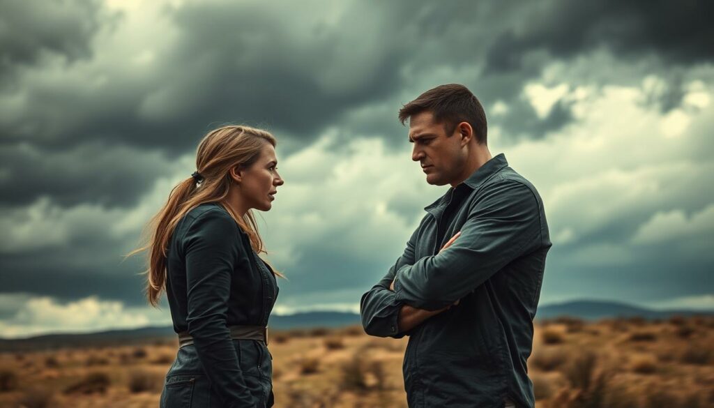 A stormy landscape with dark clouds looming overhead, reflecting the turbulent nature of a relationship. In the foreground, a couple stands facing each other, their body language tense and strained. The woman, Kader Loth, appears distressed, her expression a mix of anguish and determination. The man, Isi Atli, stands with his arms crossed, his face etched with a pained, yet stubborn resolve. The background is a blur of motion, suggesting the chaotic and unpredictable nature of their bond. The scene is captured with a cinematic, high-contrast lighting, creating a sense of drama and intensity. The overall atmosphere conveys the emotional rollercoaster of a tumultuous relationship on the brink of collapse.