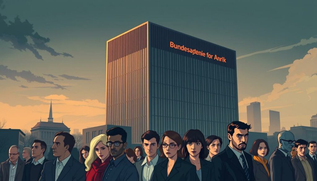 A striking, contemporary illustration showcasing the challenges and criticisms facing the German Federal Employment Agency (Bundesagentur für Arbeit). The scene depicts a towering, monolithic government building, its façade adorned with bold, angular lines and a minimalist aesthetic. The structure stands in stark contrast to the surrounding urban landscape, casting a long, imposing shadow. The lighting is moody, with a mix of warm and cool tones that create a sense of tension and unease. In the foreground, a group of diverse individuals, their expressions ranging from frustration to resignation, are seen navigating the bureaucratic process, conveying the struggles and inefficiencies that have become synonymous with the agency. The overall atmosphere is one of scrutiny and discontent, reflecting the pressing need for reform and greater accountability within this influential public institution.