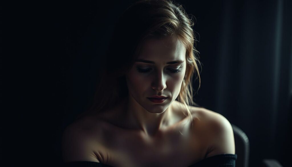 A striking, high-resolution portrait of Estefania Wollny in a pensive, contemplative pose. She is seated in a dimly lit, moody setting, with a soft, dramatic lighting that casts shadows across her face, highlighting her delicate features. The background is blurred, creating a sense of isolation and introspection. Estefania's expression is somber, her gaze slightly downcast, hinting at the "Skandale und Gerüchte" that have surrounded her personal life. The overall atmosphere is one of melancholy and vulnerability, reflecting the sensitive nature of the subject matter.