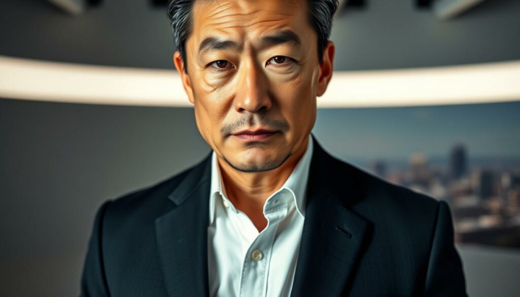 A striking portrait of Frederick Lau, the renowned German actor, captured in his prime. He stands in a sophisticated, well-lit studio setting, his gaze conveying a captivating blend of confidence and charisma. The mid-ground features a minimalist backdrop, allowing Lau's striking features and impeccable fashion sense to take center stage. The lighting, carefully crafted to accentuate his strong jawline and piercing eyes, creates a sense of drama and intensity. In the background, a subtle, out-of-focus cityscape hints at the urban environments that have played a role in his illustrious career. This image perfectly encapsulates Lau's Karrierehöhepunkte, showcasing his undeniable talent and magnetic presence on the screen.