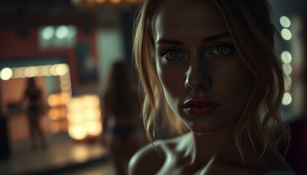 A striking portrait of Laura Müller, her once-bright "Let's Dance" fame now faded, as she navigates a career shift towards the adult platform OnlyFans. The scene is bathed in a moody, cinematic lighting, capturing the weight of her decisions. In the foreground, Laura's face is rendered with meticulous detail, her expression a mix of determination and trepidation. The middle ground showcases her transitioning between worlds, with glimpses of a dance studio and sensual boudoir setting. The background blurs into an abstract, dreamlike quality, symbolizing the uncertain path ahead. The overall tone is one of introspection and the bittersweet nature of reinventing oneself.