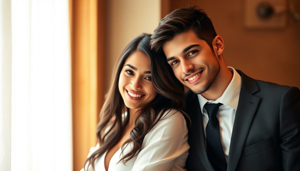 A stunning, high-resolution portrait of Vanessa Hudgens and her new boyfriend, professional baseball player Cole Tucker, posing together against a softly blurred, warm-toned background. Vanessa, with her long, dark hair and radiant smile, leans comfortably against Cole, who looks dashing in a smart casual outfit. The scene is illuminated by soft, directional lighting that creates depth and dimension, highlighting the couple's natural chemistry and connection. The overall mood is intimate, romantic, and celebratory, capturing the joy and excitement of their new relationship.