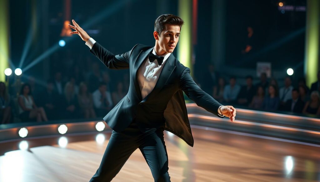 A stylish and dynamic portrait of Diego Pooth, dressed in a sleek tuxedo, gracefully gliding across the dance floor during his appearance on the popular TV show "Let's Dance." The image is captured with a cinematic, slightly overhead angle, highlighting his confident posture and the elegant choreography. The background is softly blurred, with hints of the studio audience and stage lighting, creating a sense of performance and showmanship. The lighting is dramatic, casting dramatic shadows and accentuating the contours of Diego's face and body, conveying a sense of poise and artistry. The overall mood is one of sophistication, energy, and the thrill of the dance competition.