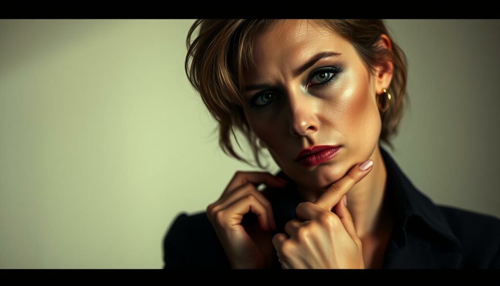 A stylish and glamorous portrait of Griesert Michèle Roos, the ex-girlfriend of Niko Griesert, set against a soft, hazy background. Michèle is captured in a thoughtful, pensive pose, her head slightly tilted, with her piercing gaze directed off-camera, conveying a sense of introspection. The lighting is carefully crafted, creating dramatic shadows and highlights that accentuate her striking features. The image exudes an air of mystery and speculation, hinting at the "Trennung und Gerüchte" (separation and rumors) that surrounded her relationship with Niko. The overall mood and atmosphere evoke the turbulent emotions and uncertainty associated with the section title.